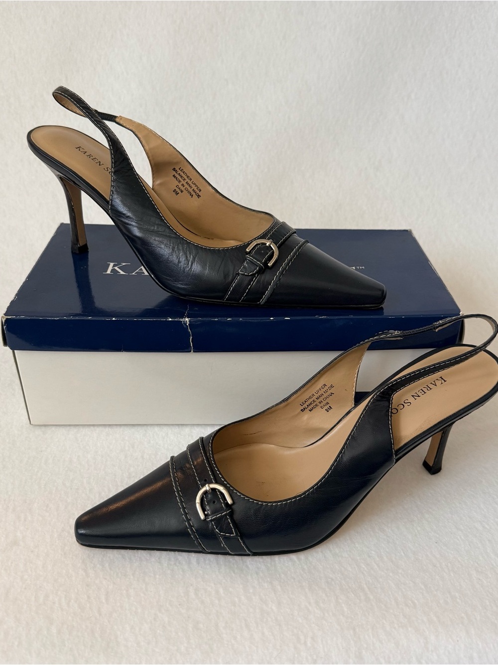 Karen Scott Dani Slingback Heels Navy Leather Pointed Toe Size 9